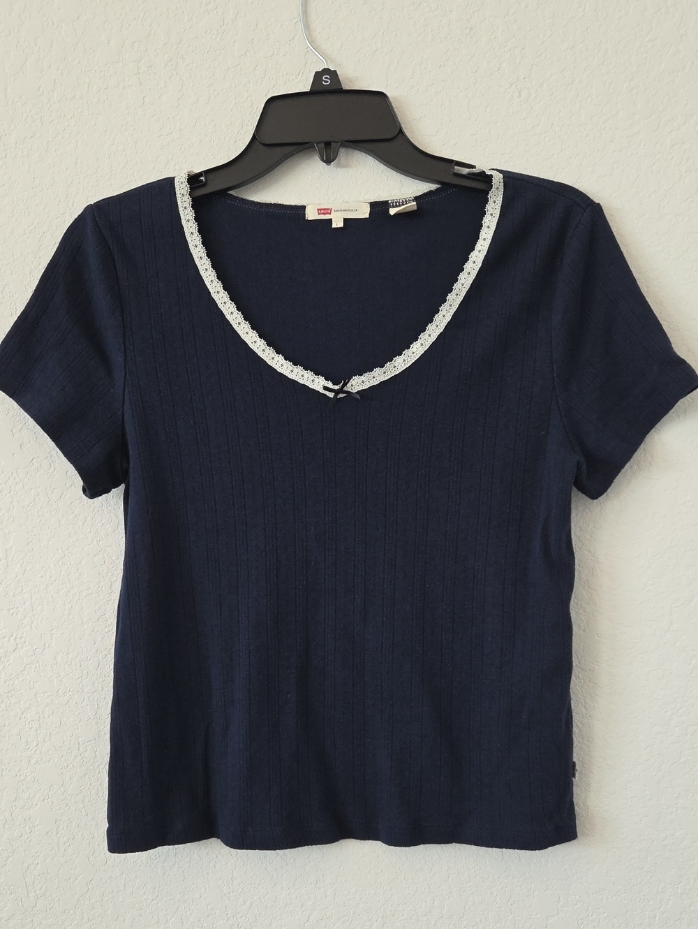 Levi's Navy Blue Retro Womens Babydoll Shirt Lace Trim Fine Ribbed 100% Cotton